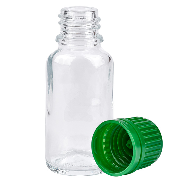 20ml láhev 11mm šroubovací uzávěr zelený uzávěr s ochranou proti manipulaci ClearLine UT18/20 20ml láhev 11mm šroubovací uzávěr zelený uzávěr s ochranou proti manipulaci ClearLine UT18/20