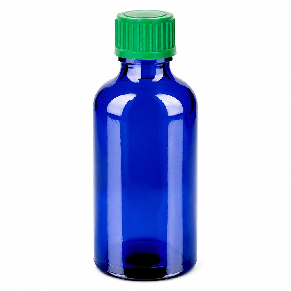 50ml lahvička s kapátkem 0,8 mm zelená standardní uzávěr BlueLine UT18/50 Kompakte Tropfflasche 50ml blau grün für Aromatherapie und Kosmetik
