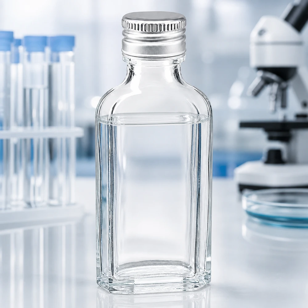 50 ml Meplat čirý s hliníkovým uzávěrem stříbrný PP22 Hochwertige 50ml Glasflasche eckige Form Meplat klar mit silbernem Aluminiumverschluss PP22