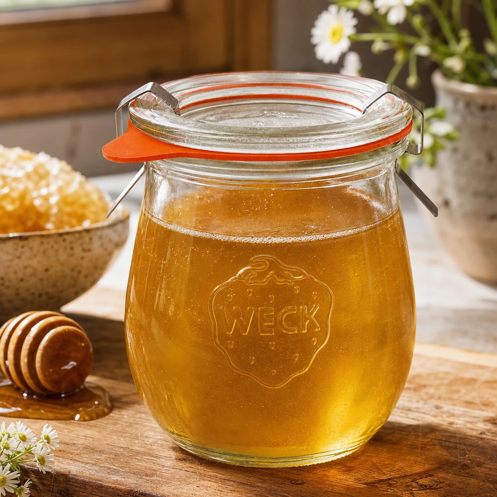 220ml tulipánová sklenice s kompletní svěžestí WECK RR60 WECK Tulpenglas 220ml RR60 mit Honig gefüllt auf Holztisch neben Honiglöffel und Waben in rustikaler Küche