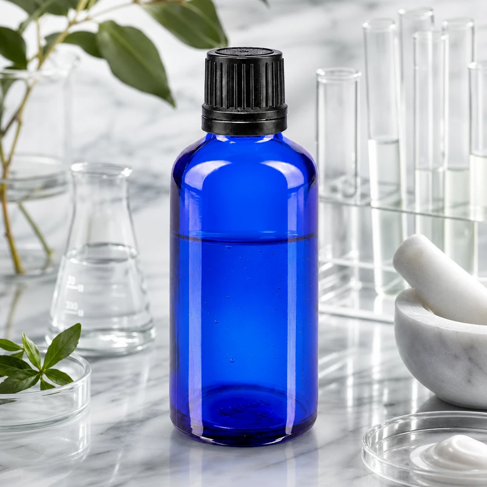 Lékárenská láhev modrá 50ml kapátko uzávěr nalévací kroužek 1mm černý tamper evidentní uzávěr. Pharmazeutische Tropfflasche 50ml in Kobaltblau mit OV-Schraubverschluss im wissenschaftlichen Umfeld
