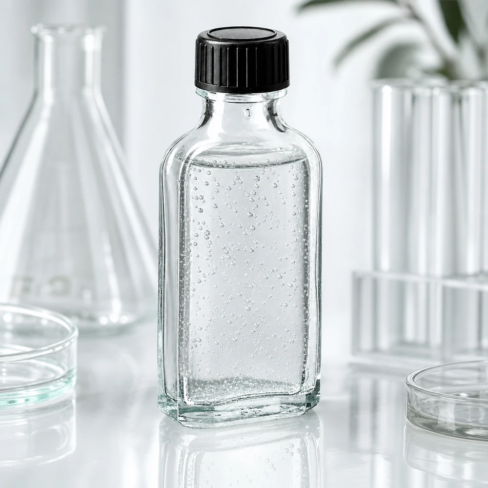 Kleine rechteckige Klarglasflasche 50 ml Meplat mit schwarzem Deckel auf weißer Laboroberfläche