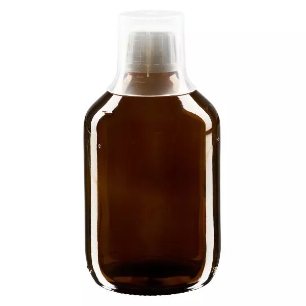 300ml lahvička na léky hnědá, uzávěr s možností manipulace s dávkovacím kalíškem 30ml ApoGlas 300ml lahvička na léky hnědá, uzávěr s možností manipulace s dávkovacím kalíškem 30ml ApoGlas