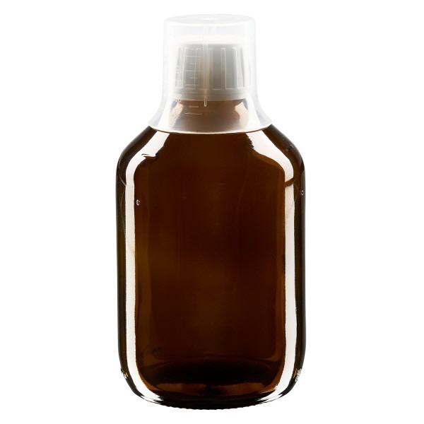 300ml lahvička na léky hnědá, uzávěr s možností manipulace s dávkovacím kalíškem 30ml ApoGlas 300ml lahvička na léky hnědá, uzávěr s možností manipulace s dávkovacím kalíškem 30ml ApoGlas