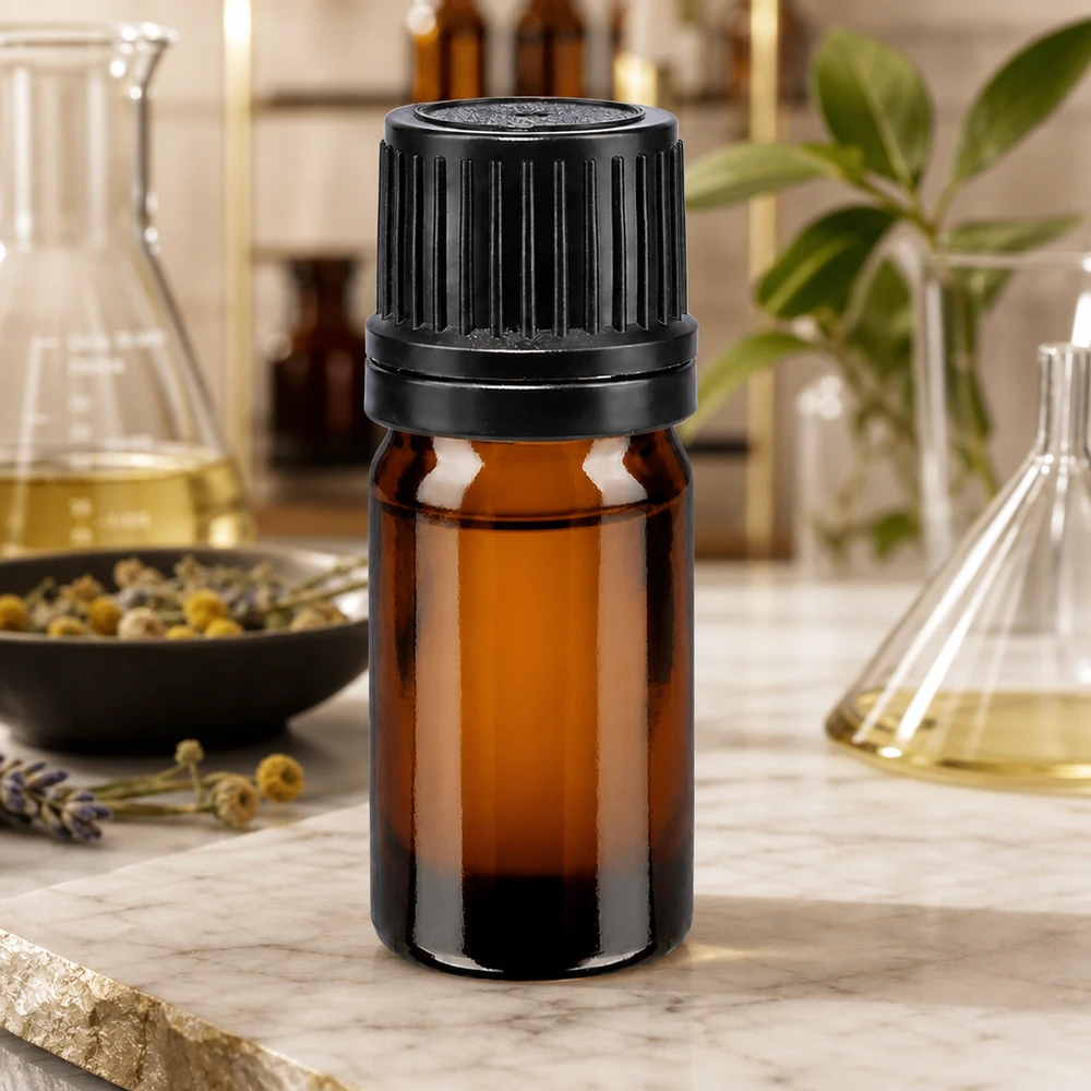 Pharmazeutische 5ml Braunglasflasche mit 8mm Enghalsverschluss und Tropfeinsatz schwarz