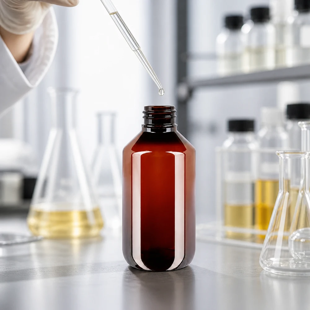 200ml plastová láhev jantarové barvy bez uzávěru na laboratorním stole s Erlenmeyerovou baňkou