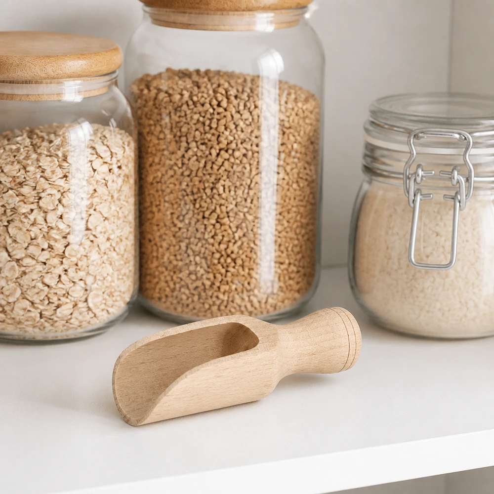 Buchenholz Schaufel S 7,5cm im Pantry-Setting mit Vorratsgläsern für Getreide Hülsenfrüchte und Mehl