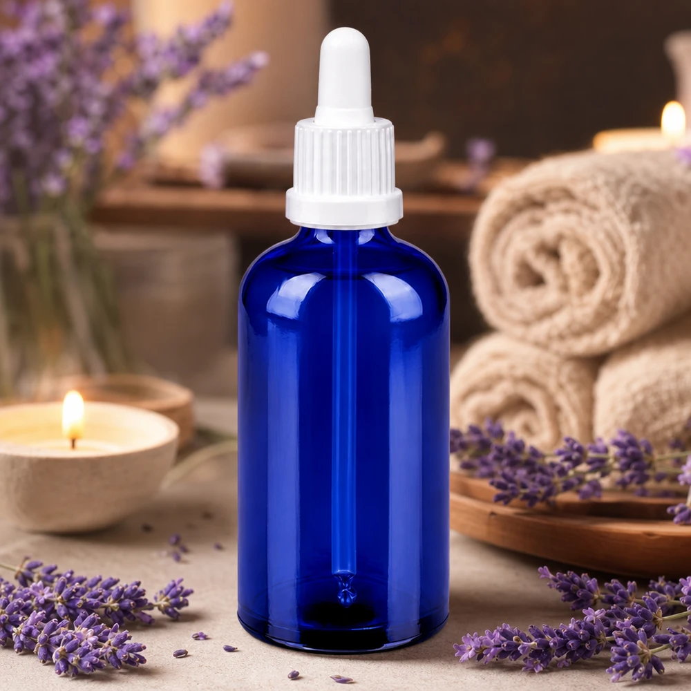 100ml pipetovací láhev bílá s uzávěrem BlueLine UT18/100 s ochranou proti manipulaci Robuste Pipettenflasche 100ml aus UV-schützendem blauem Glas mit weißem Verschluss