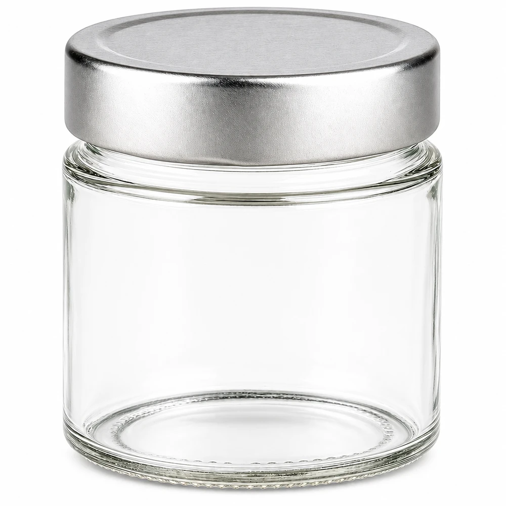 135ml kulatá dóza + víčko BasicSeal stříbrné hluboké UNiTWIST 135ml Rundglas mit silbernem BasicSeal Deckel leer auf weißem Hintergrund Glaskonserve Vorratsglas
