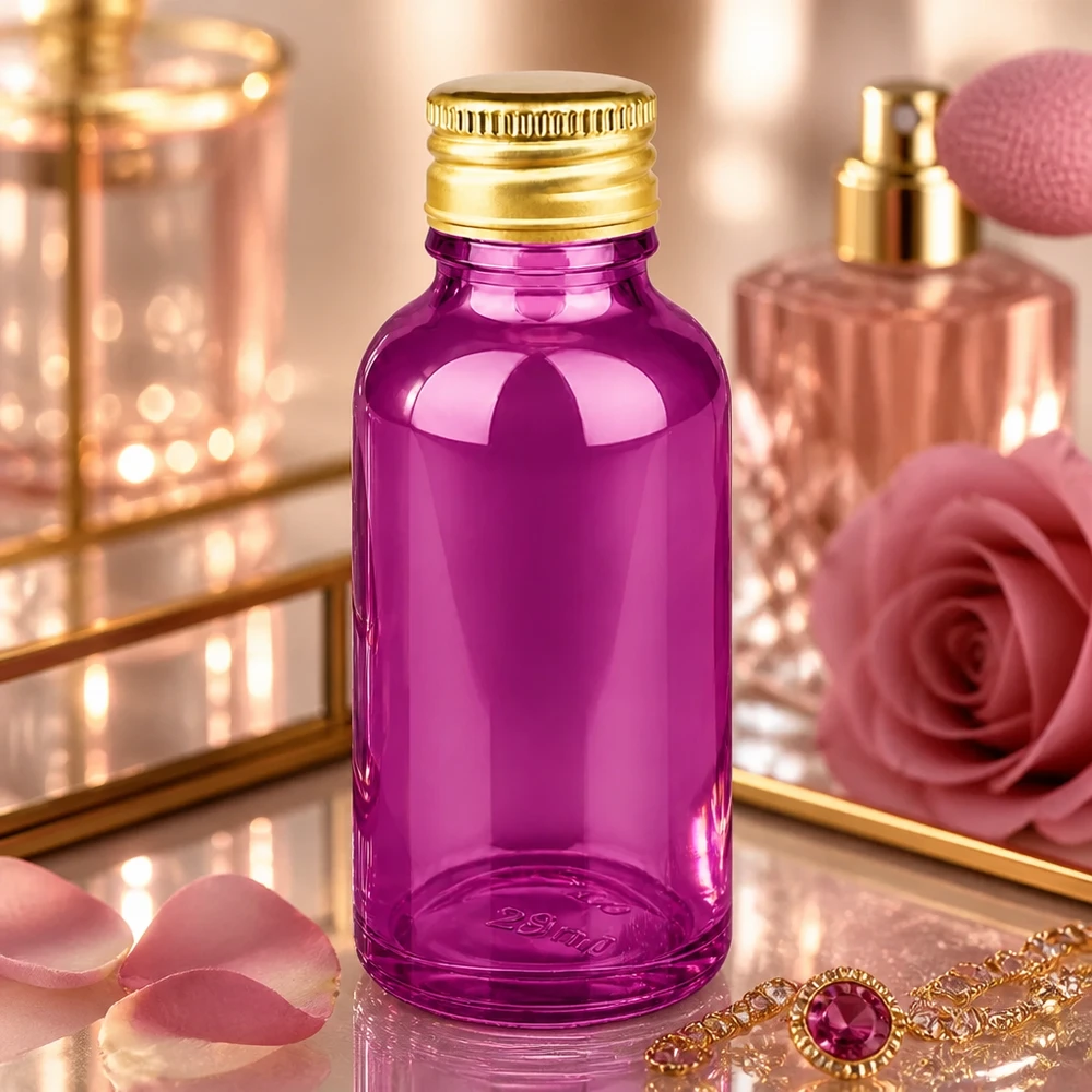 Moderne 30ml Violett-Flasche mit spiegelglatter Oberfläche ideal für Beauty-Produkte und Essenzen