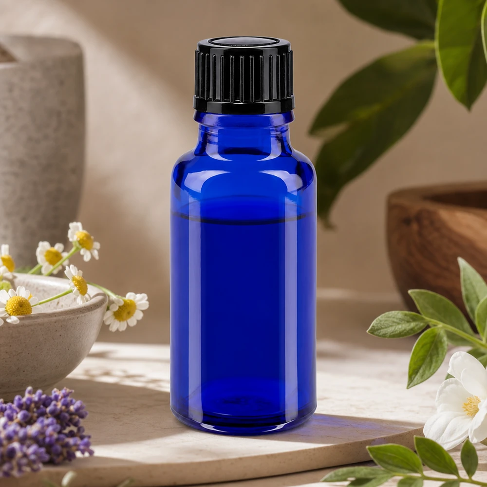 Runde blaue 20ml Apoflasche aus Glas mit geripptem schwarzen Standardverschluss