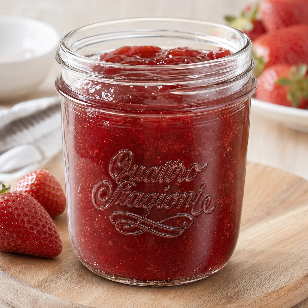Nádobky o objemu 320 ml "Quattro Stagioni" QS86mm Quattro Stagioni Sturzglas 320ml mit Erdbeermarmelade gefüllt auf Holzbrett mit frischen Erdbeeren