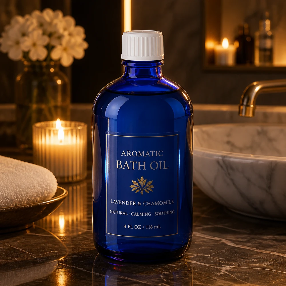 Schlanke kobaltblaue Apothekerflasche 100ml mit weißem Verschluss für Badepflege