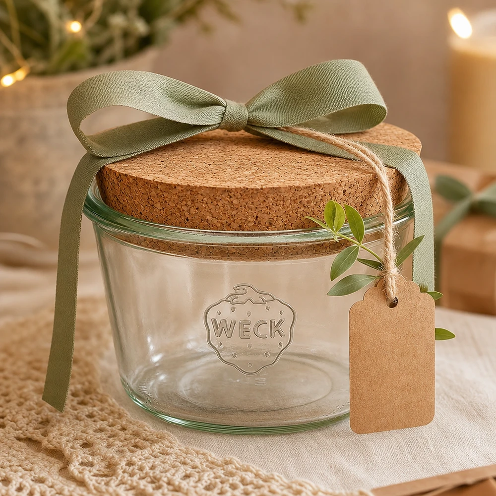 WECK Sturzglas 370ml RR100 mit Korkdeckel als Geschenk dekoriert mit grüner Schleife und Anhänger im Wohnambiente