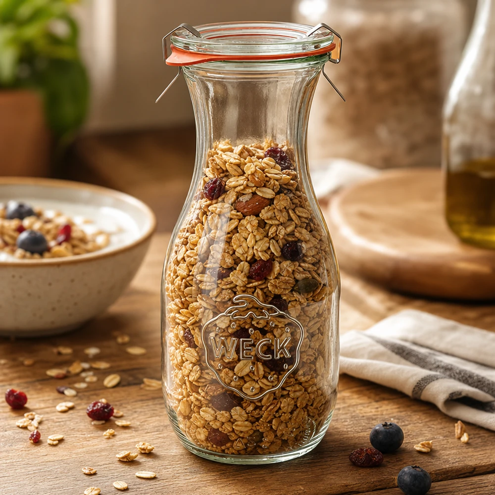 530ml láhev na džus kompletní WECK RR60 WECK 530ml Saftflasche RR60 mit Müsli gefüllt zeigt vielseitige Aufbewahrung von Cerealien und Trockenfrüchten