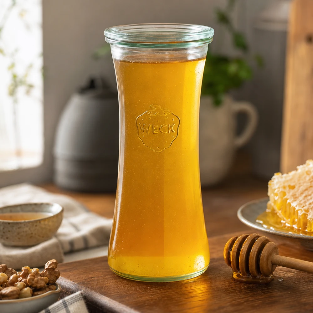 700ml lahůdková sklenice se skleněným víčkem WECK RR80 WECK Delikatessenglas 700ml RR80 mit Honig gefüllt neben Honigwabe und Honiglöffel in gemütlicher Küche