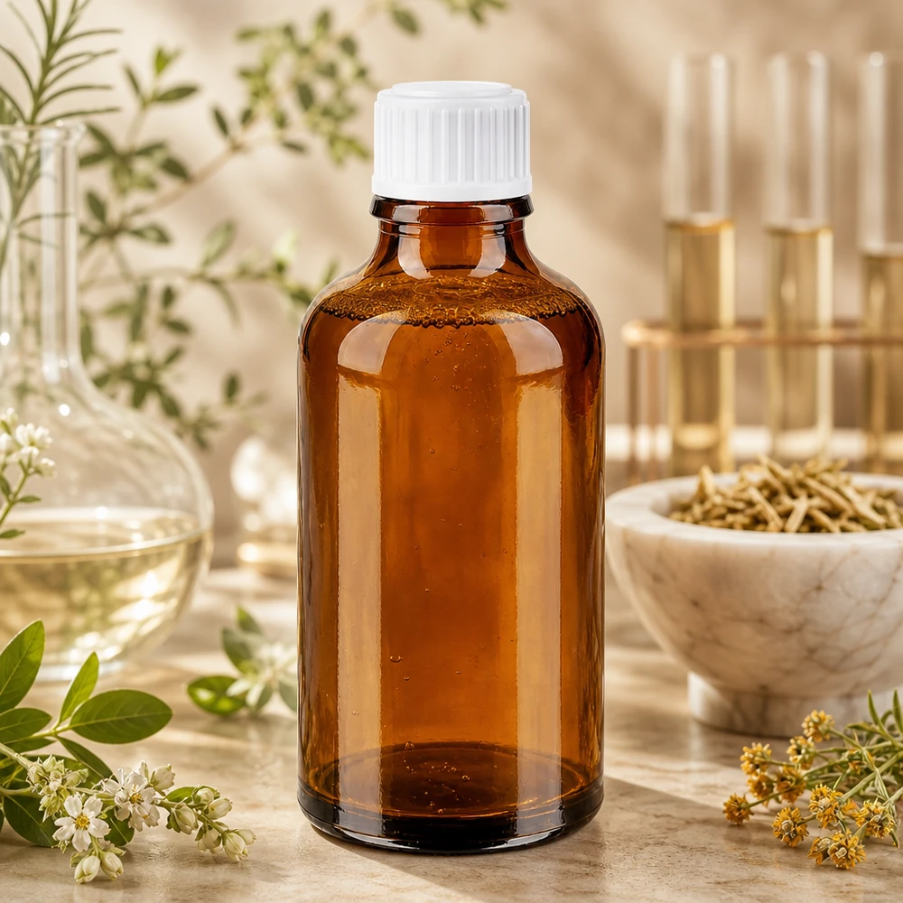 Lékárenská láhev hnědá 50ml šroubovací uzávěr bílý standardní Kompakte braune Apothekerflasche 50ml neben Erlenmeyerkolben und getrockneten Heilpflanzen