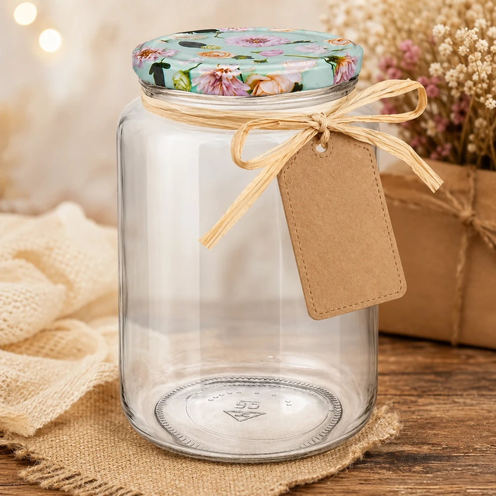 795ml kulatá sklenice + víčko BasicSeal flower mint UNiTWIST 795ml Rundglas mit Geschenkband und Anhänger als Präsent, mint Blumen-Deckel für kreative DIY-Geschenkideen