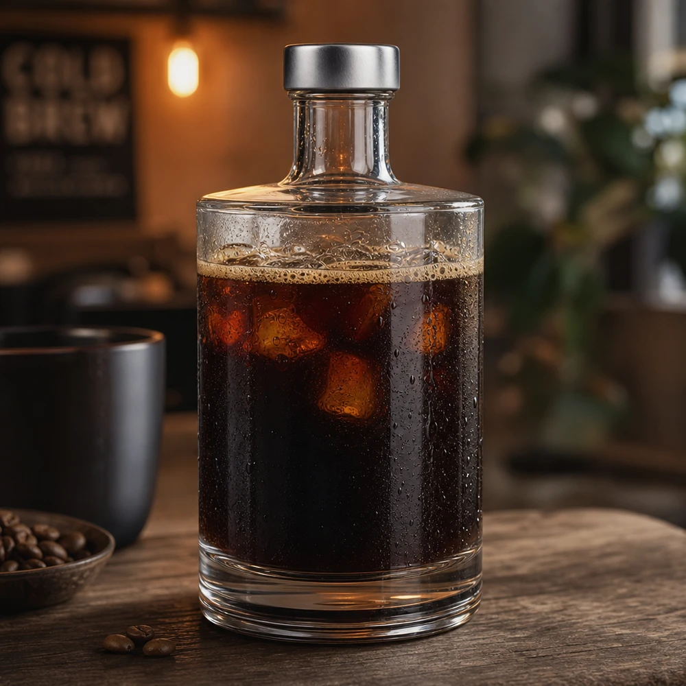 500ml Glasflasche Sam mit Cold Brew Kaffee gefüllt neben Kaffeebohnen und Tasse moderne Küche Szenerie