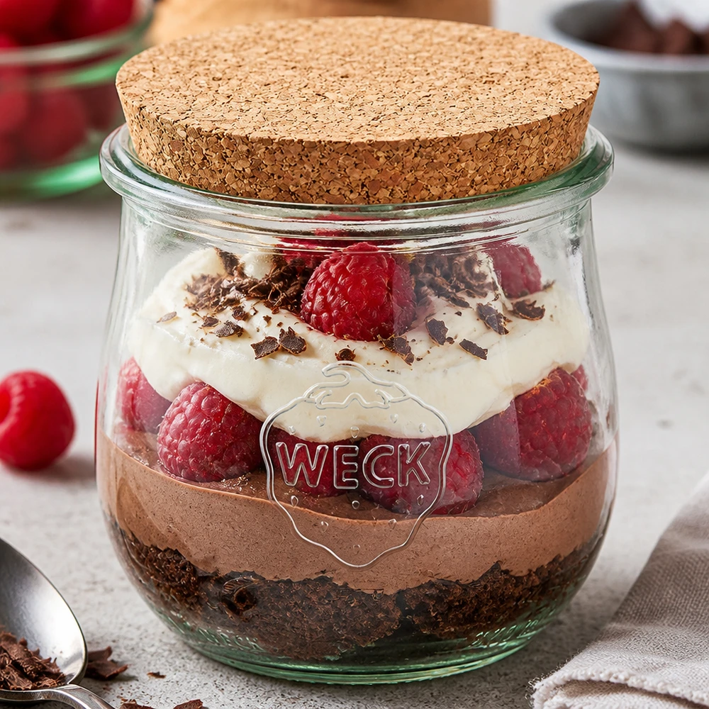 370ml tulipánová zavařovací sklenice WECK RR80 s korkem přírodní WECK Glas 370ml RR80 mit Korkdeckel als Dessertglas für Schichtdessert mit Schokolade Sahne und Himbeeren
