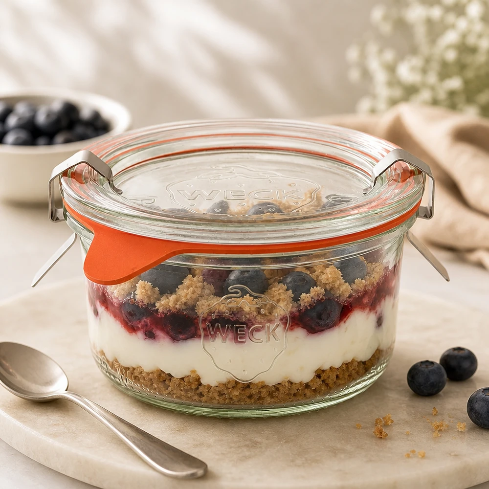 Kompletní 165ml tumble nádoby WECK RR80 s čerstvým freshem. WECK Sturzglas 165ml RR80 mit Schichtdessert aus Blaubeeren, Joghurt und Streuseln als Portion auf Marmorbrett