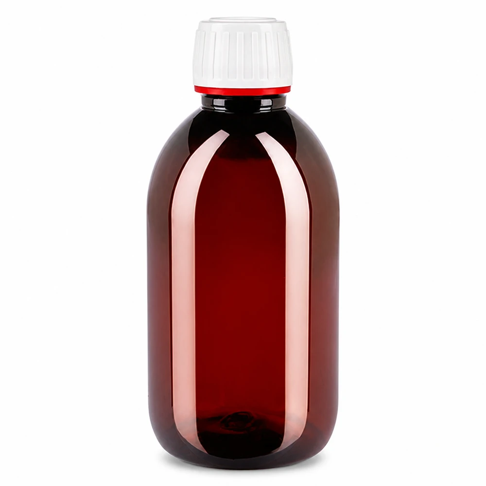 PET láhev 250ml s bílým/červeným uzávěrem s ochranou proti manipulaci. PET láhev o objemu 250 ml, jantarové barvy, s bílo-červeným uzávěrem zaručujícím neporušenost, určená pro farmaceutický průmysl a laboratoře