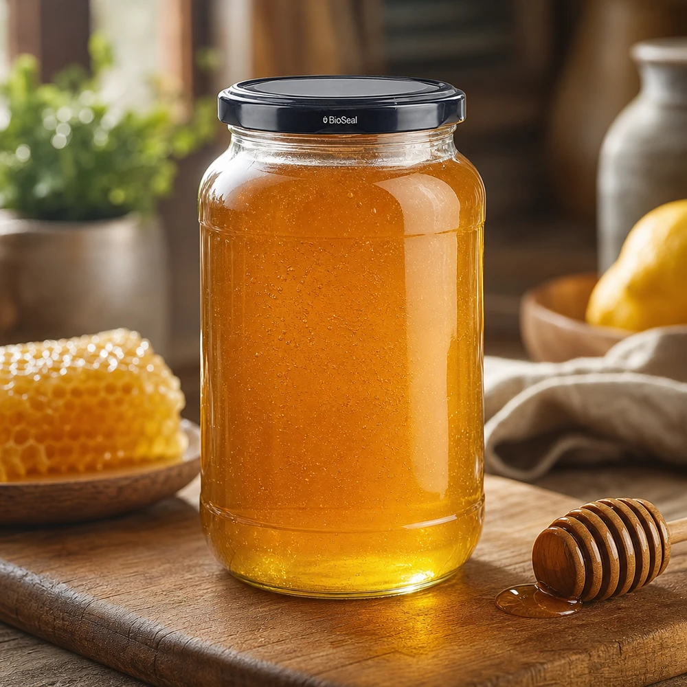 Kulatá nádoba o objemu 1062 ml s černým víkem UNiTWIST BioSeal. UNiTWIST Rundglas 1062 mit schwarzem TO82 BioSeal Deckel gefüllt mit Honig neben Bienenwabe und Honiglöffel