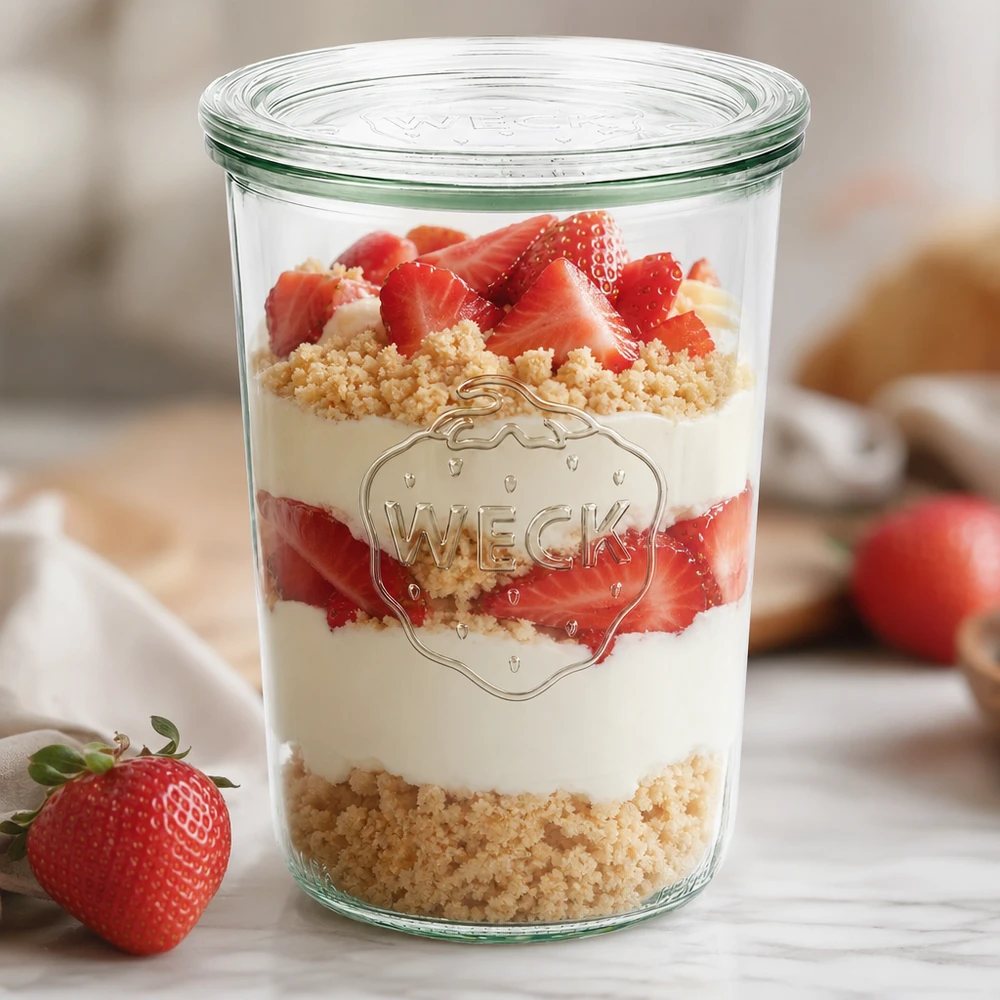 Zavařovací sklenice 850ml se skleněným víčkem WECK RR100 WECK Sturzglas 850ml RR100 als stylisches Dessertglas mit Erdbeeren und Creme zeigt moderne Tischpräsentation