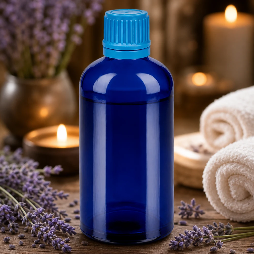 100ml láhev 11mm šroubovací uzávěr modrý uzávěr s ochranou proti manipulaci BlueLine UT18/100 Premium blaue Glasflasche 100ml mit matter Oberfläche für hochwertige Naturkosmetik
