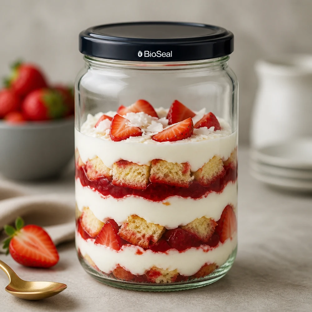Kulatá nádoba o objemu 305 ml + víčko BioSeal černé UNiTWIST. UNiTWIST Runda305 Glas mit Schichttrifle und schwarzem BioSeal Deckel gefüllt mit Erdbeeren und Sahne als Dessert