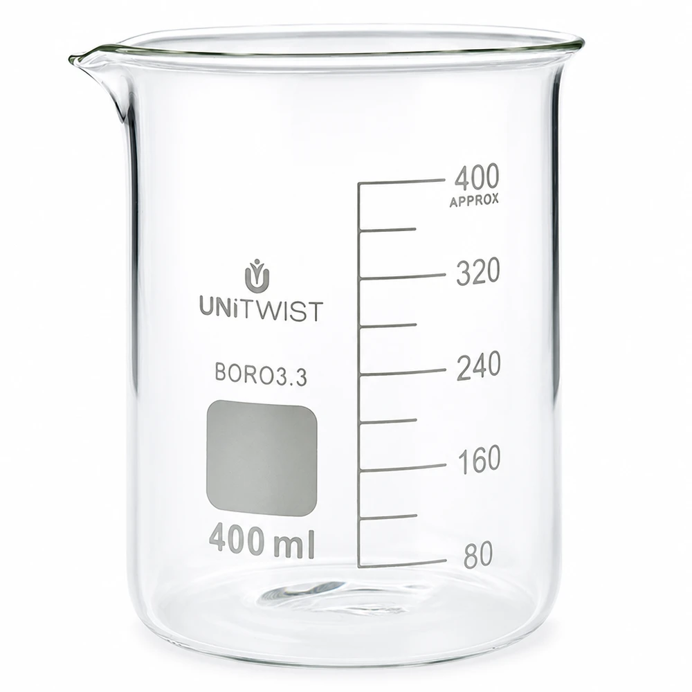 Kádinka 400 ml borosilikátová, nízká forma UNiTWIST Zylindrisches Messbecherglas 400ml niedriger Bauform mit präziser Volumenanzeige