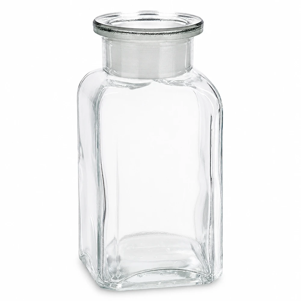 Čtvercová láhev 100ml čirá skleněná zátka se širokým hrdlem Rechteckige Glasflasche 100ml klar mit Weithals und passendem Glasstopfen