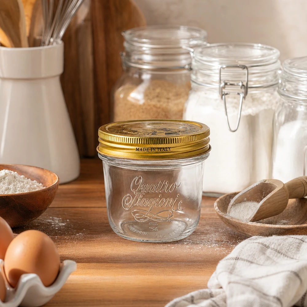 200ml kelímky "Quattro Stagioni" s víčkem 200ml Quattro Stagioni Sturzglas mit goldenem Deckel auf Holzbrett neben Mehl Eiern und Küchenutensilien Made in Italy