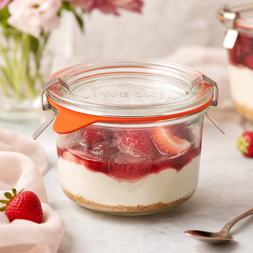 Kompletní 200ml sklenice se svěžestí WECK RR80 WECK Sturzglas 200ml RR80 mit Erdbeerdessert gefüllt als Portionsglas für Tiramisu und süße Nachspeisen