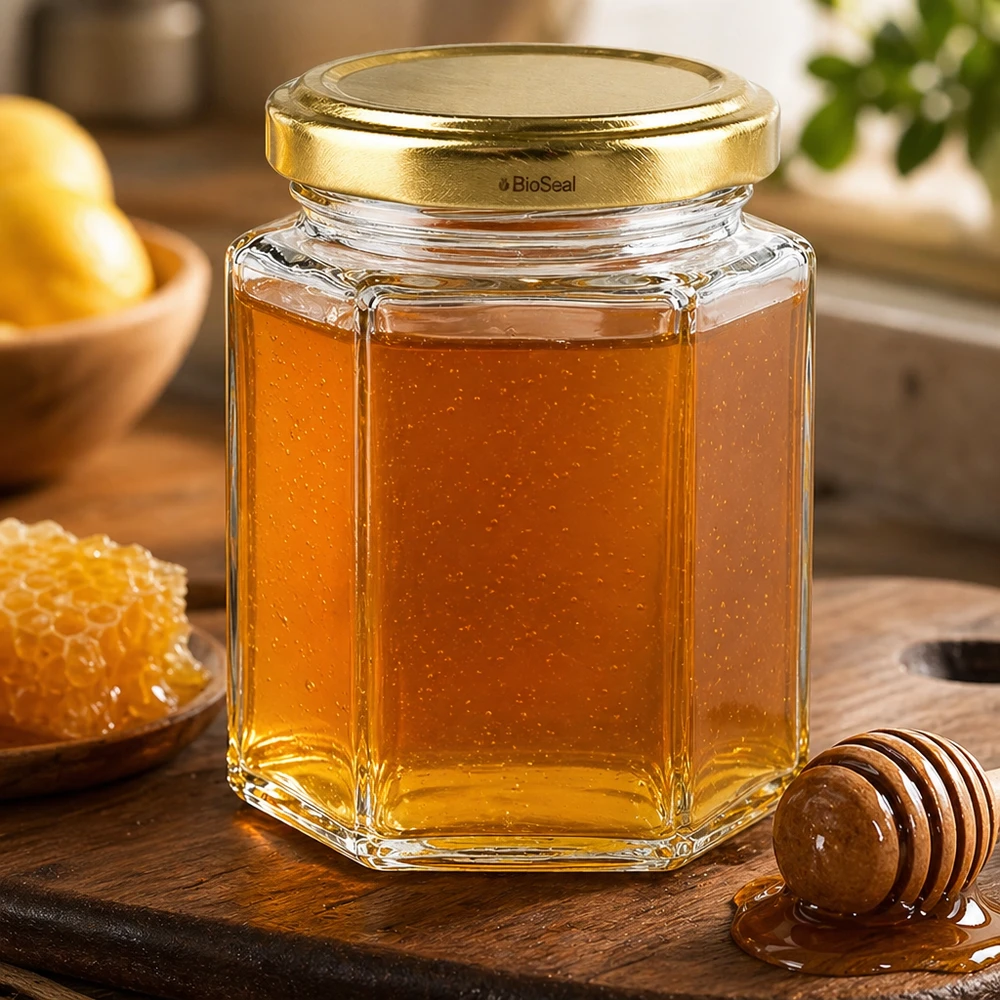 Dóza hexa o objemu 196 ml se zlatým víčkem UNiTWIST BioSeal. UNiTWIST Hexa196 Honigglas mit goldenem TO58 BioSeal Deckel gefüllt neben Honigwabe und Honiglöffel auf Holzbrett