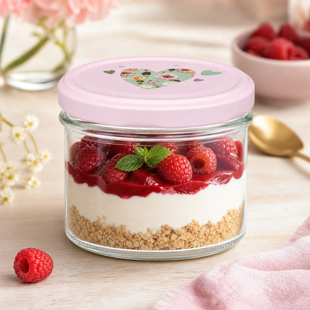 225ml kelímky + víčko BasicSeal srdíčko růžové UNiTWIST Schichtdessert mit Himbeeren im 225ml Sturzglas mit rosa BasicSeal Herzdeckel als Dessertglas auf Holzbrett