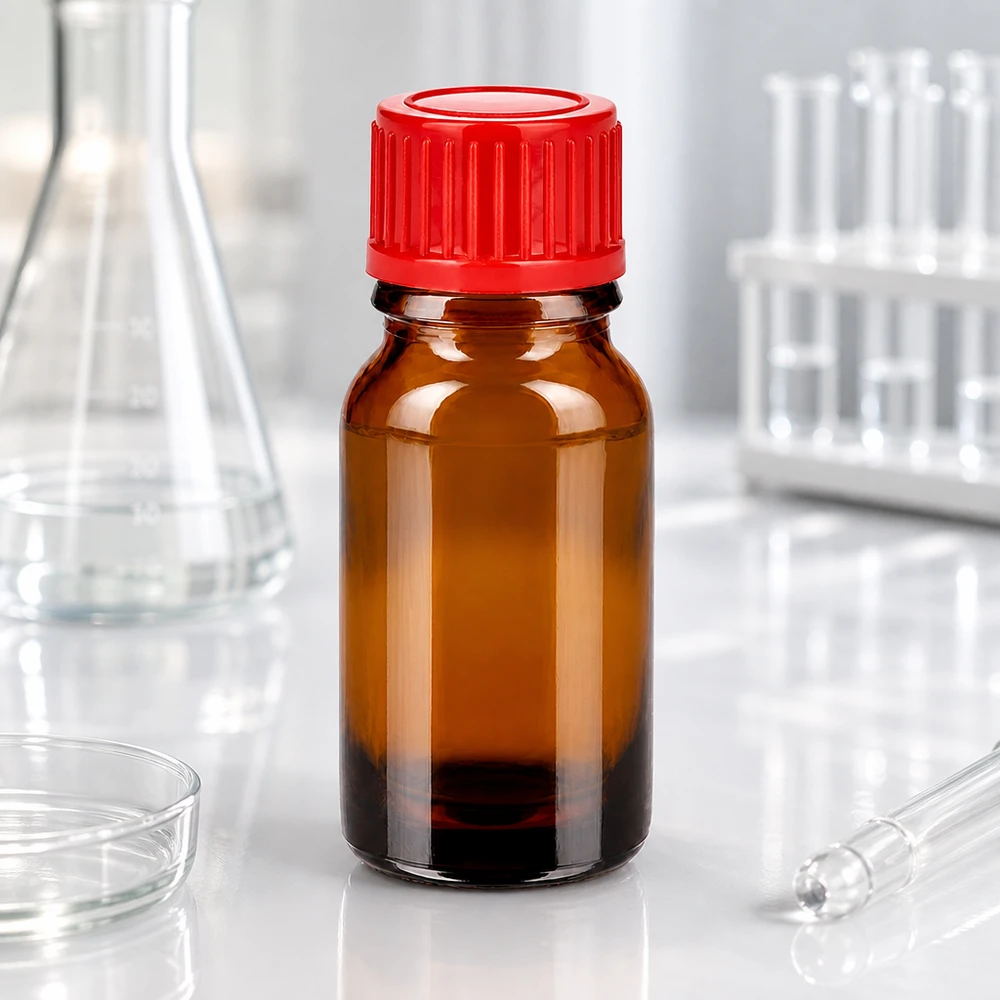 10ml láhev 11mm šroubovací uzávěr červená Standard BrownLine UT18/10 Lichtschutz 10ml Flasche in Bernsteinfarbe mit rotem 11mm Verschluss für Laborgebrauch