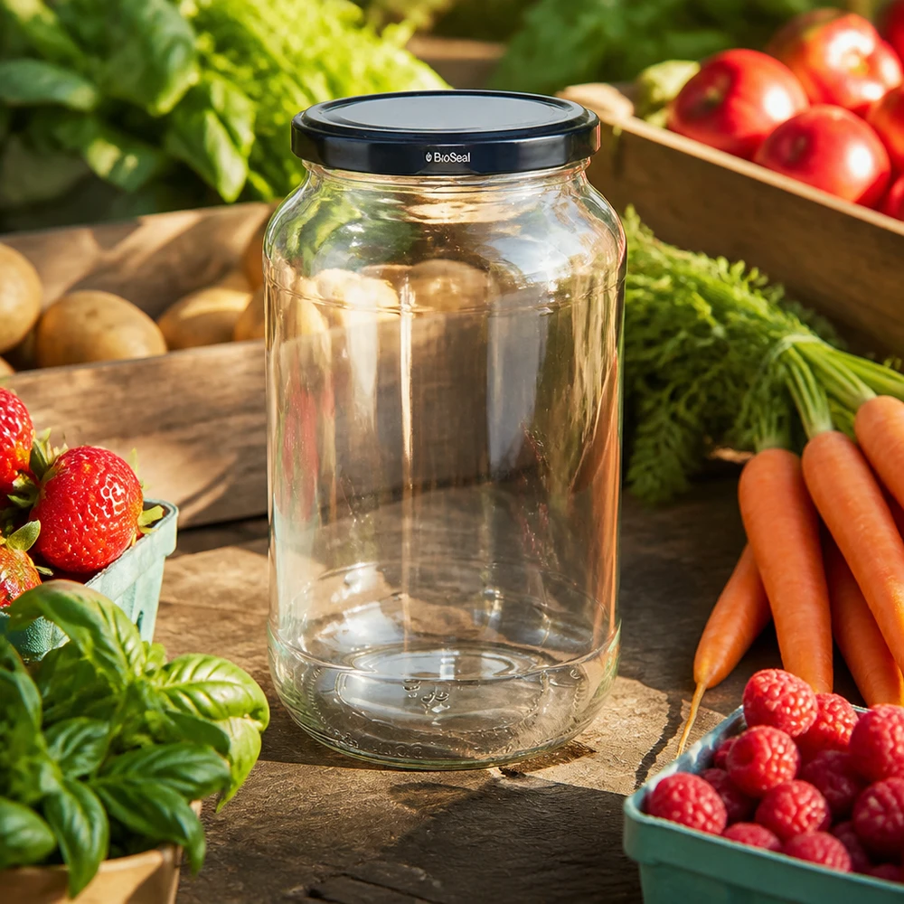 Kulatá nádoba o objemu 1062 ml s černým víkem UNiTWIST BioSeal. UNiTWIST Rundglas 1062 mit schwarzem TO82 BioSeal Deckel umgeben von frischem Gemüse Obst Lebensmittelaufbewahrung