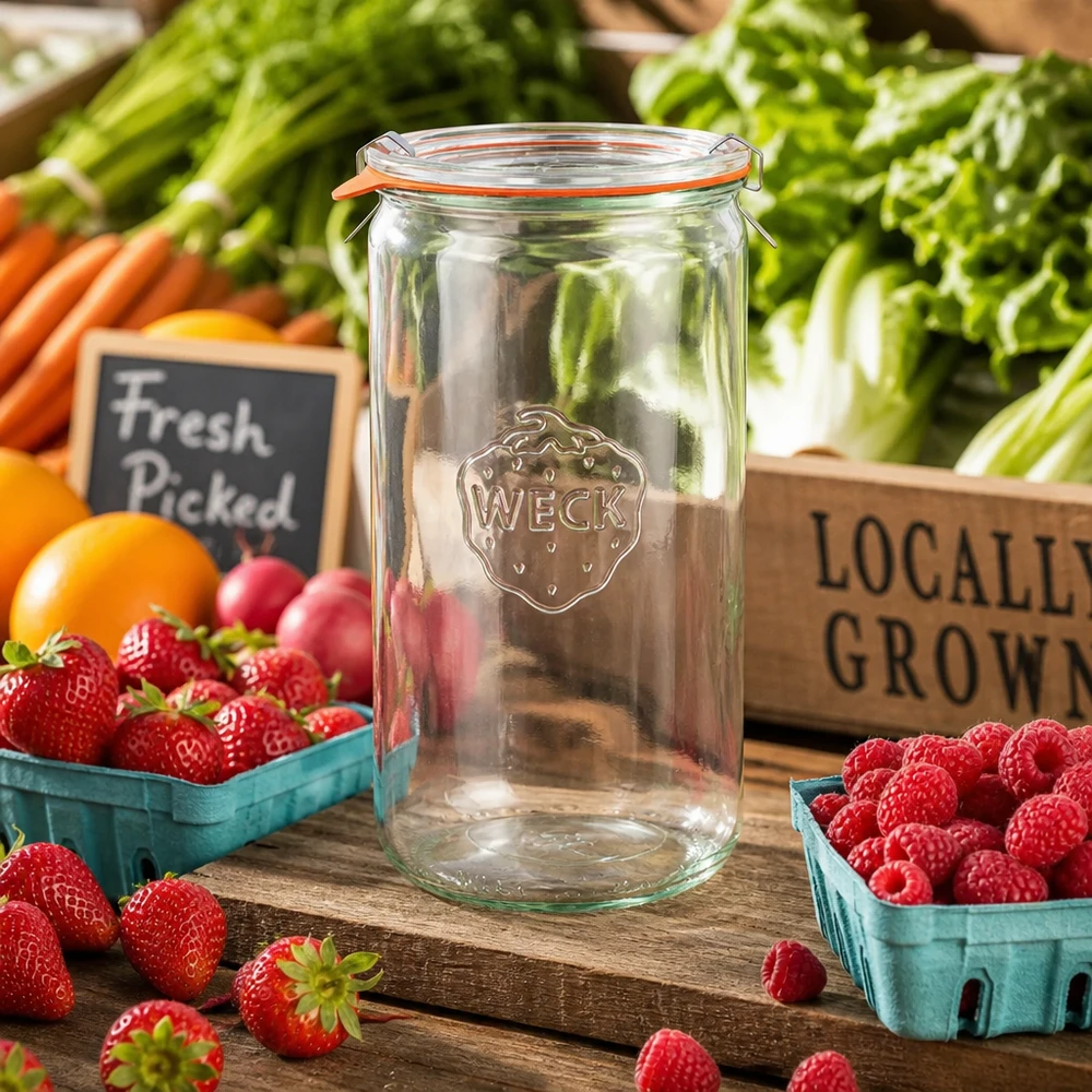 WECK Zylinderglas 1590ml RR100 leer auf Holztisch mit frischen Beeren Gemüse Marktstand-Atmosphäre lokale Produkte