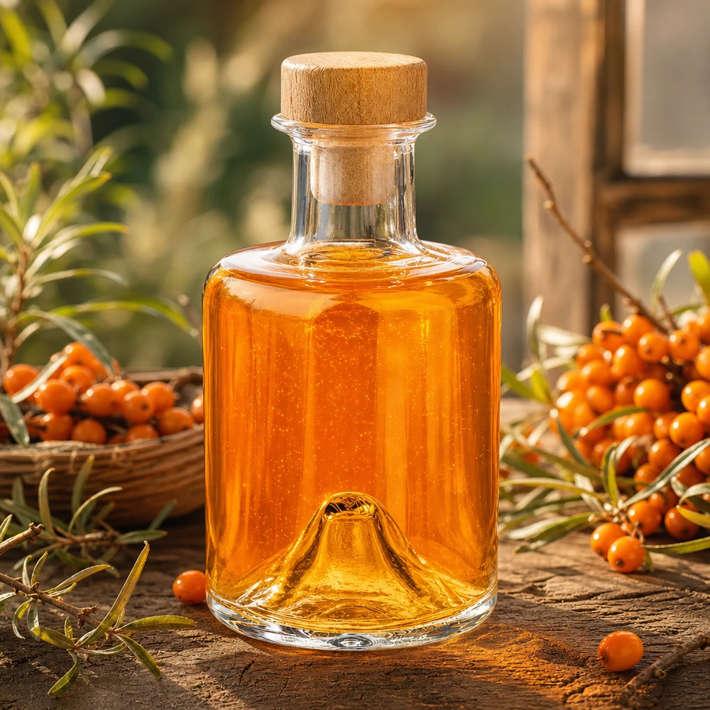 200ml Glasflasche Sofia mit Holzkorken gefüllt mit orangefarbenem Öl neben Sanddornbeeren auf Holztisch