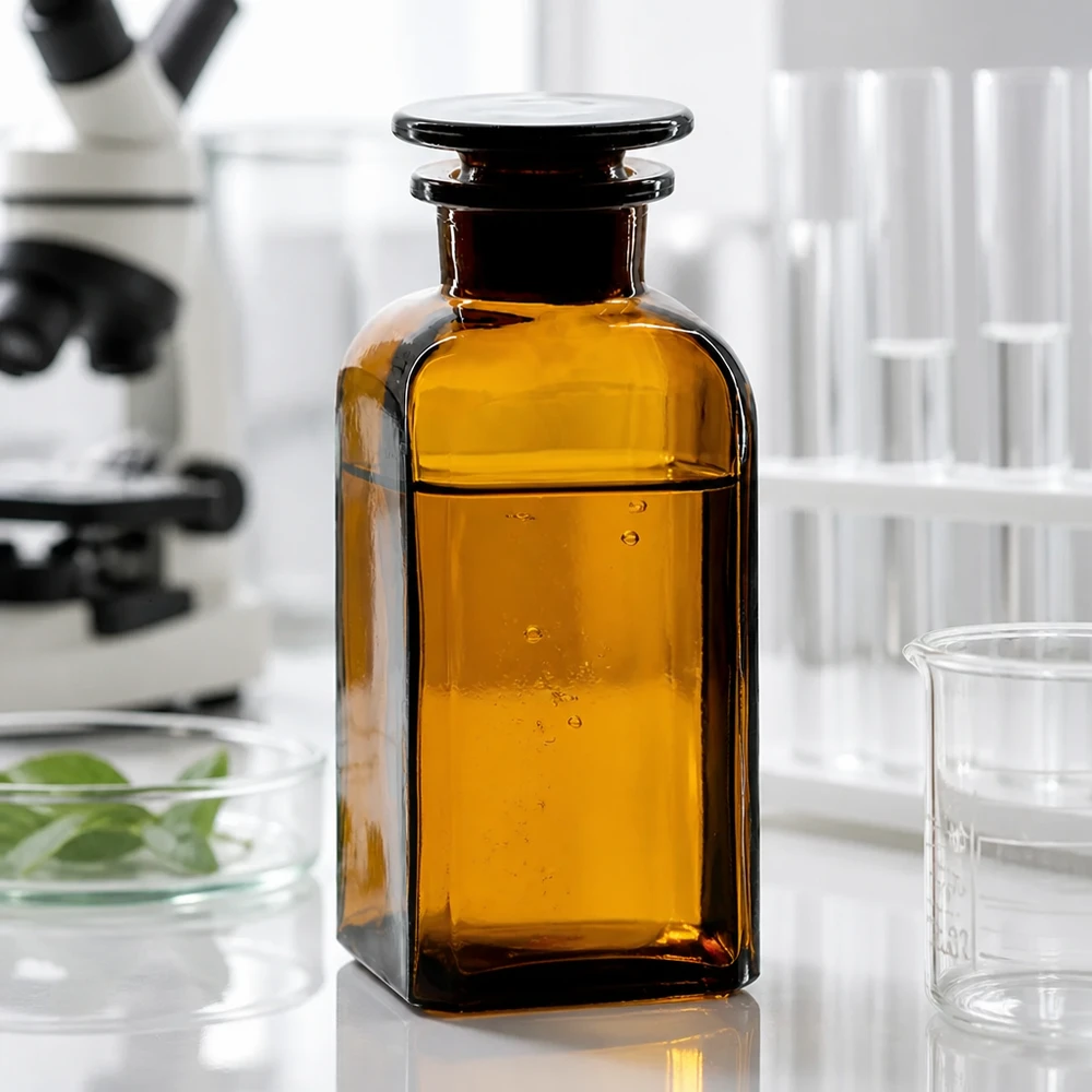 Lichtschutzflasche 350ml braun Vierkant Weithals mit Glasstopfen für lichtempfindliche Substanzen