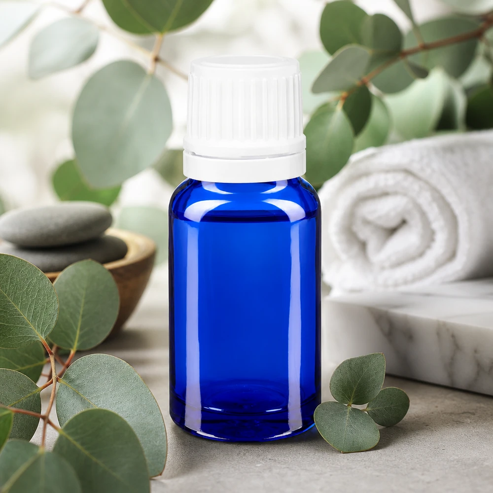 Lékárenská lahvička modrá 10ml kapací uzávěr 1,2mm bílý uzávěr s pojistkou proti manipulaci. Kompakte blaue Tropfflasche 10ml mit weißem Schraubverschluss auf Marmor
