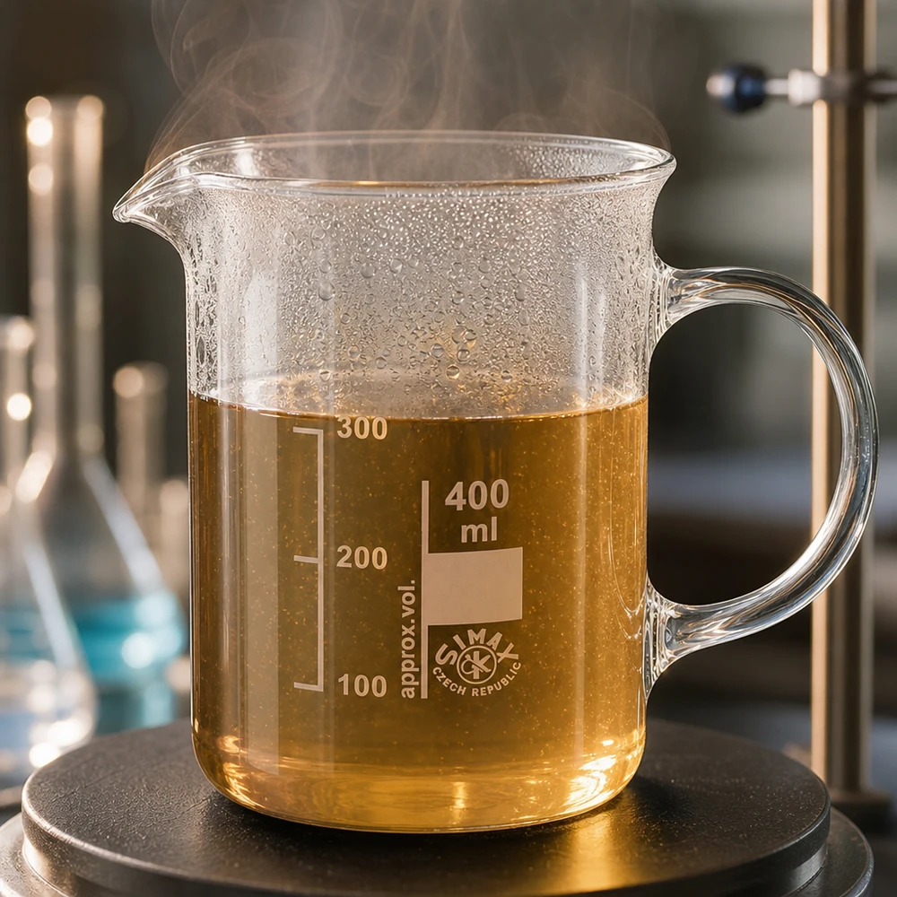 Kádinka z borosilikátového skla o objemu 400 ml, s rukojetí Simax Becherglas 400ml mit Griff erhitzte Probe Kondenstropfen Borosilikatglas Laborchemie