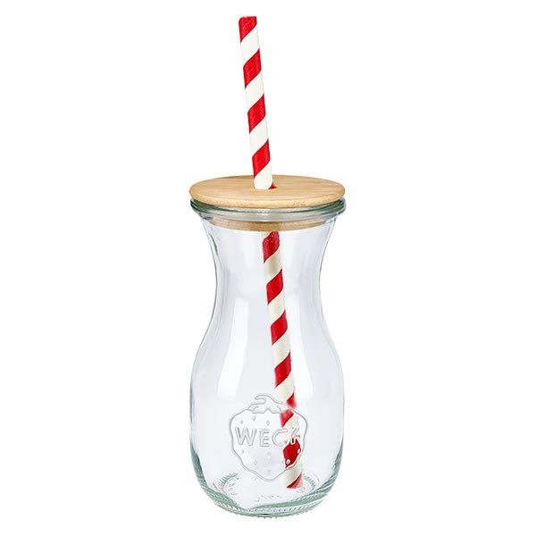 6 x 290ml láhev na šťávu WECK RR60 s dřevěným víčkem a 100 eco S WECK Trinkflasche 290ml transparent mit Holzdeckel und rot-weißem gestreiftem Papierstrohhalm Einzelansicht