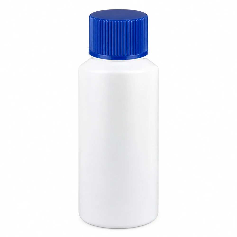 Lékárenská lahvička z HDPE, 30 ml, bílá, s modrým šroubovacím uzávěrem pro farmaceutické účely