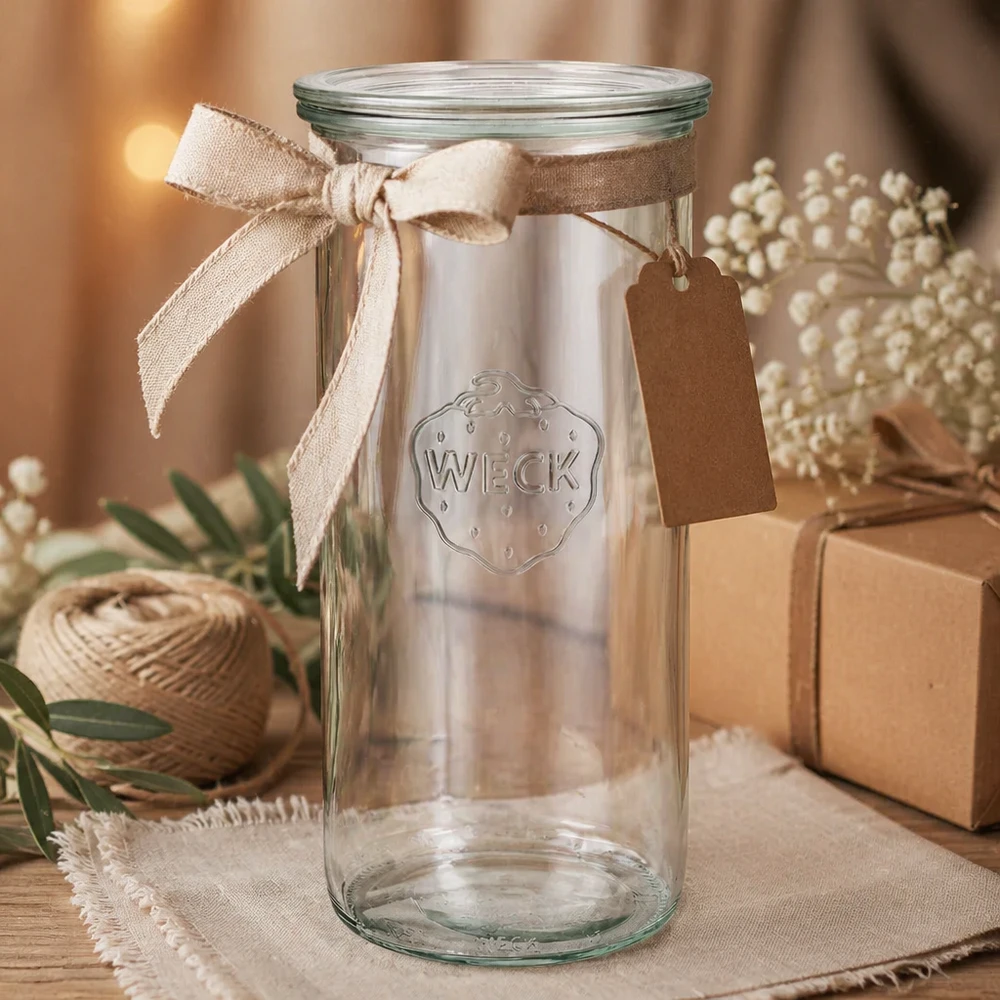 WECK Sturzglas 1500ml RR100 als Geschenk dekoriert mit beiger Schleife und Anhänger auf Holz mit Geschenkboxen