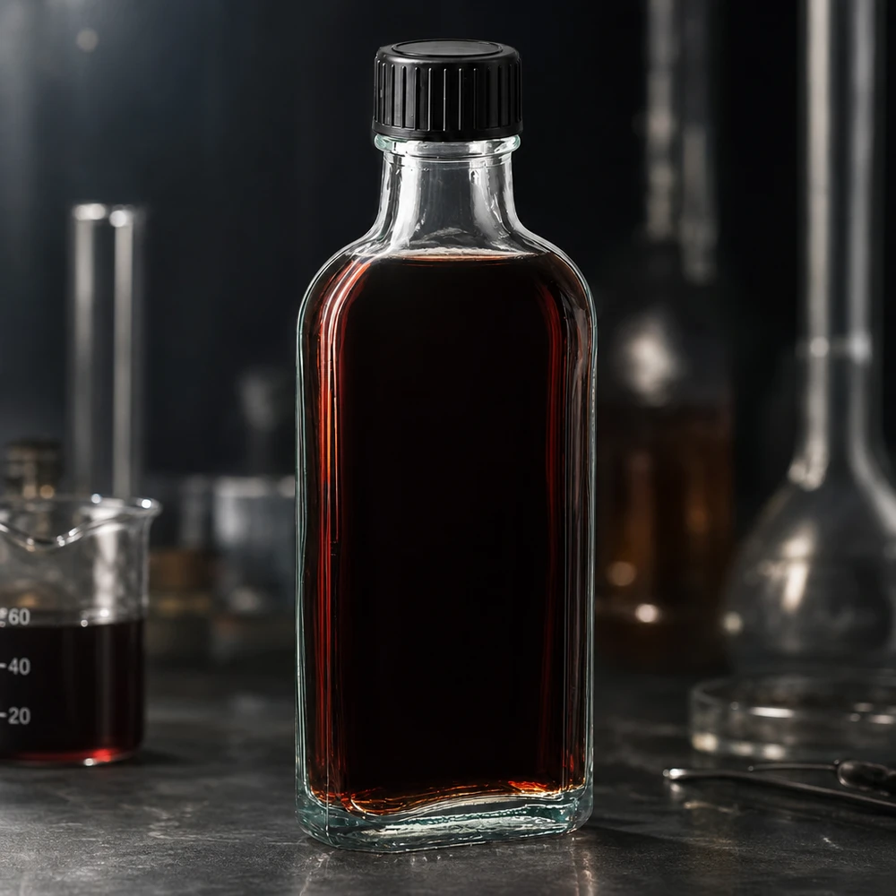 100 ml čirý šroubovací uzávěr Meplat s těsnicím diskem EPE Flache Klarglasflasche 100ml mit geripptem schwarzem Schraubdeckel und tief dunkelroter Füllung