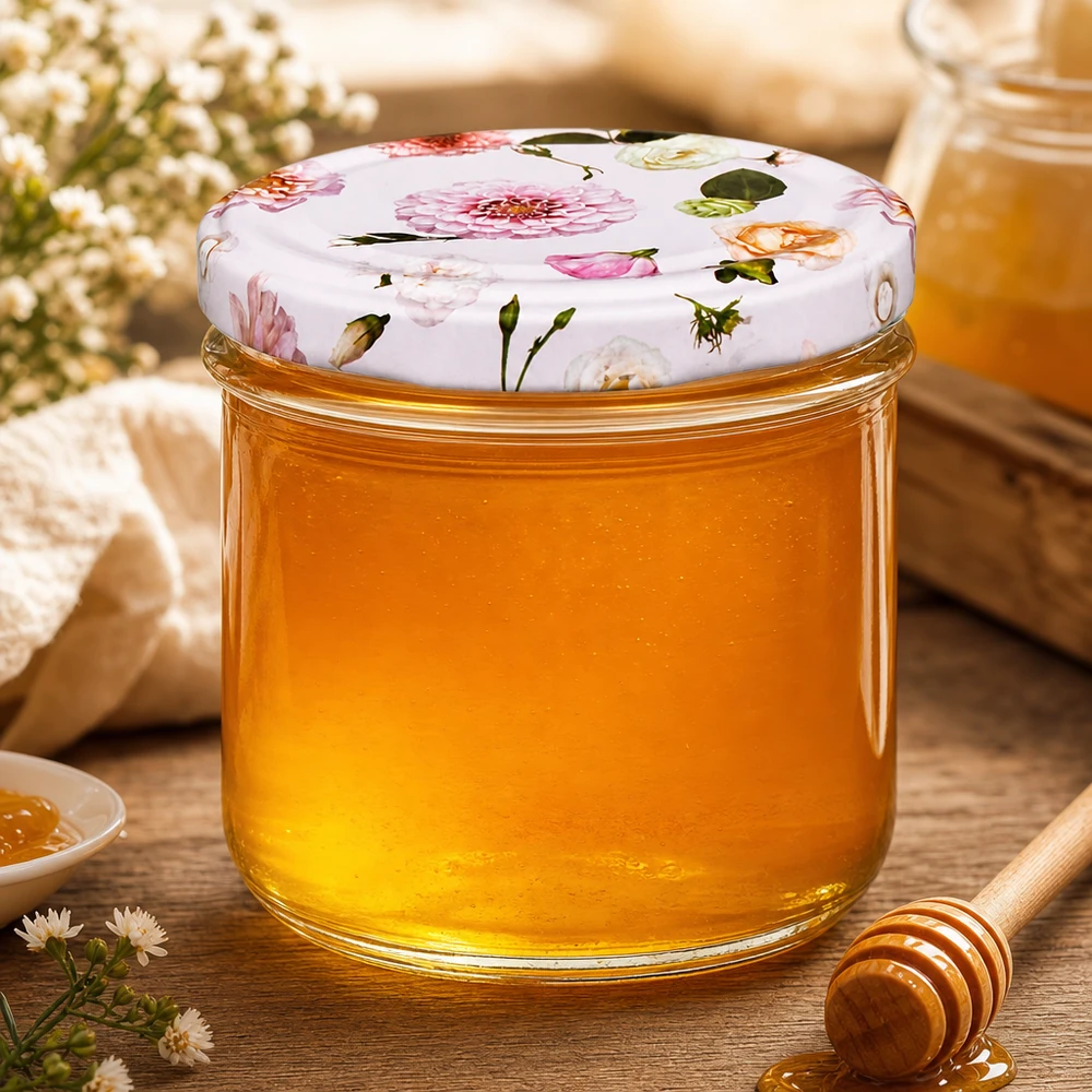 225ml kelímky + víčko BasicSeal flower pink UNiTWIST Honig im 225ml Sturzglas mit Blumendeckel und Honiglöffel - Einmachglas für süße Leckereien dekorativ präsentiert