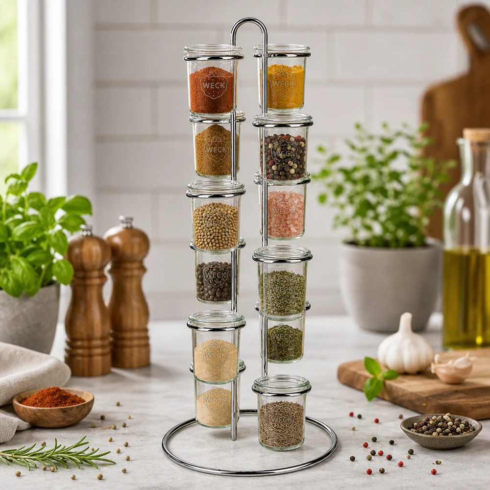Servírovací stojan Vertico12 na 12 kelímků WECK. Elegante Küchenorganisation mit WECK Vertico12 Gewürzkarussell umgeben von frischen Kräutern und Kochutensilien