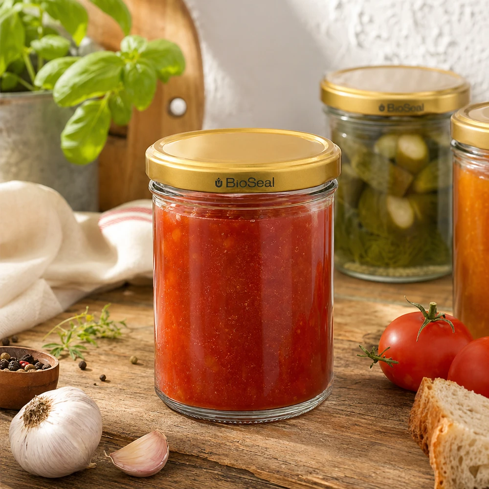 200g Honigglas mit goldenem BioSeal Deckel gefüllt mit Marmelade in Küchenszenerie mit Tomaten und Gewürzen